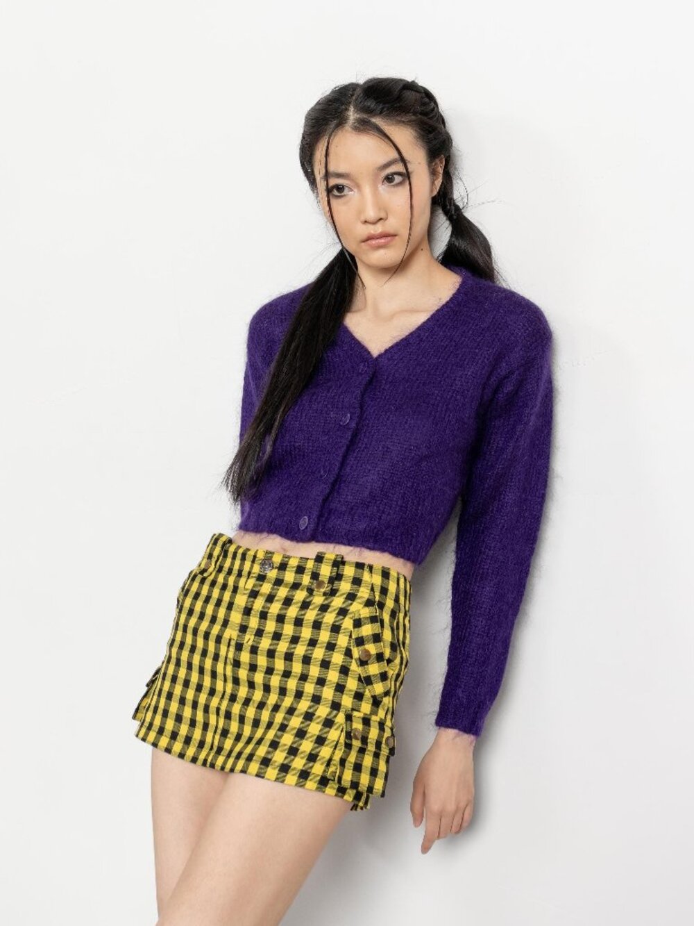Abbey Dawn Yellow Checkered Mini Skirt, Y2K Low Rise 35 Inch Hips / Size 2